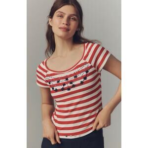 Maeve Anthropologie Red Ivory Stripe Embroidered Scoop Top Retail $88 XS NWT